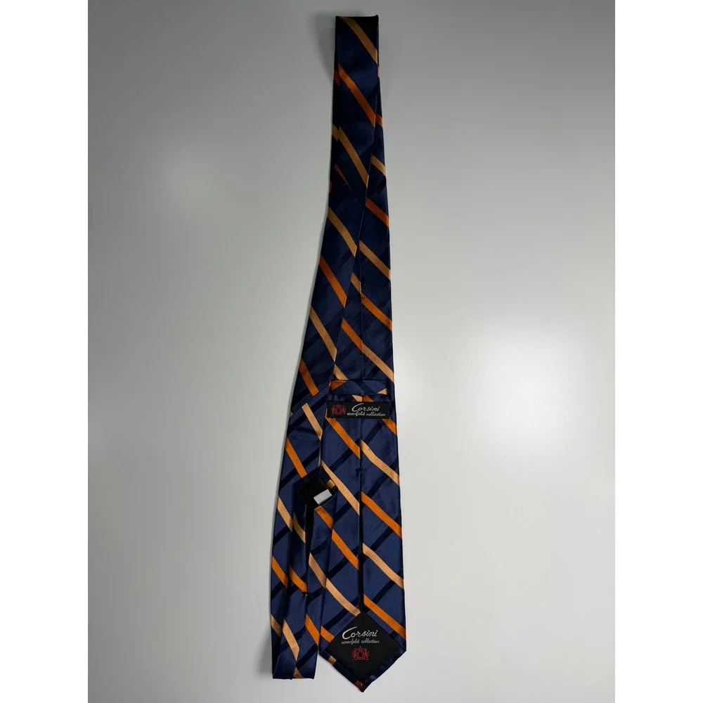 Corsini Sevenfold Collection Mens Silk Tie Navy Blue Orange Diagonal Stripe